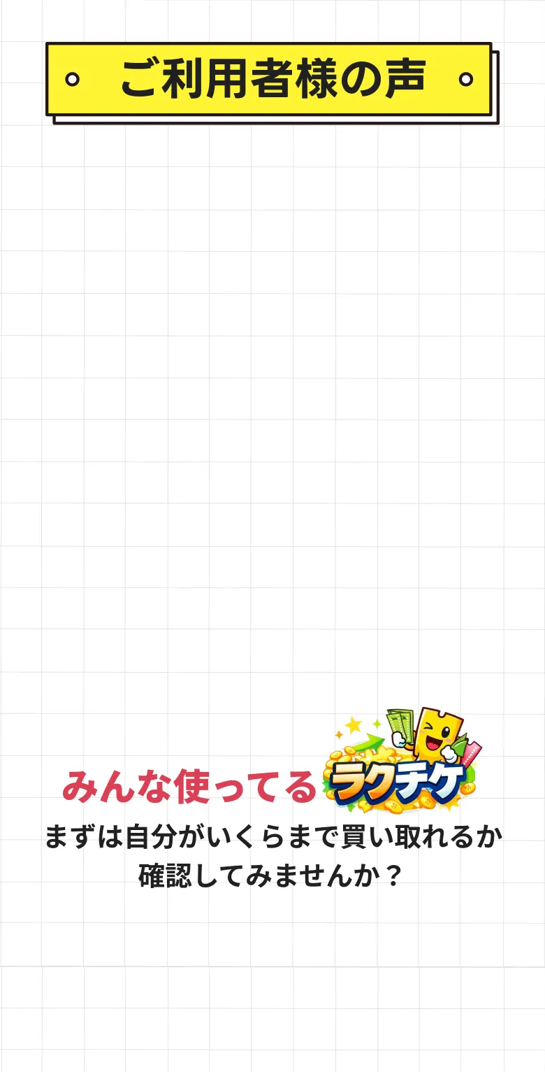 ご利用者様の声の見出しと、みんな使ってるラクチケのロゴ・キャラクター、買取可能額の確認を促す案内をまとめたバナー
