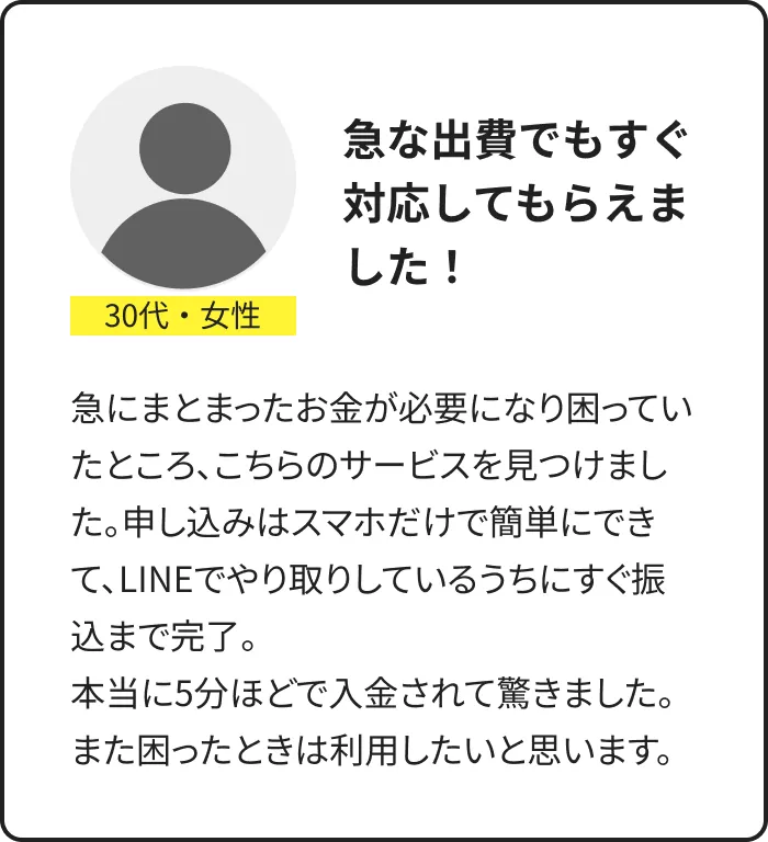利用者の声：30代・女性。急な出費でもすぐ対応してもらえた。スマホで申し込み、LINEのやり取りで約5分で入金されたとの体験談